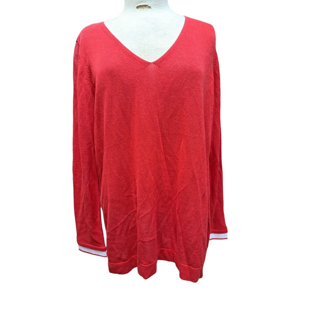 NYDJ Layered Sweater Top Women L Red White Striped Tunic LS Preppy Colorful New